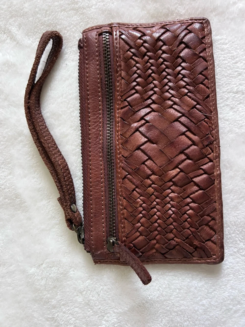 Boho Genuine Leather Woven Wristlet Wallet Brown